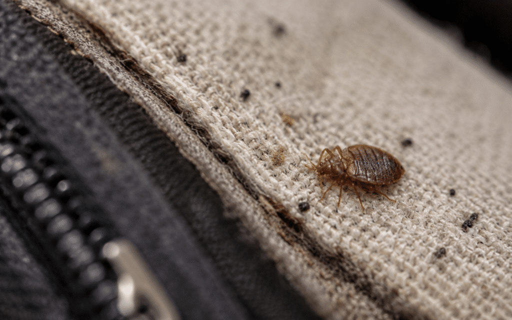 Bed bug on the fabric seam of a suitcase next to the zip