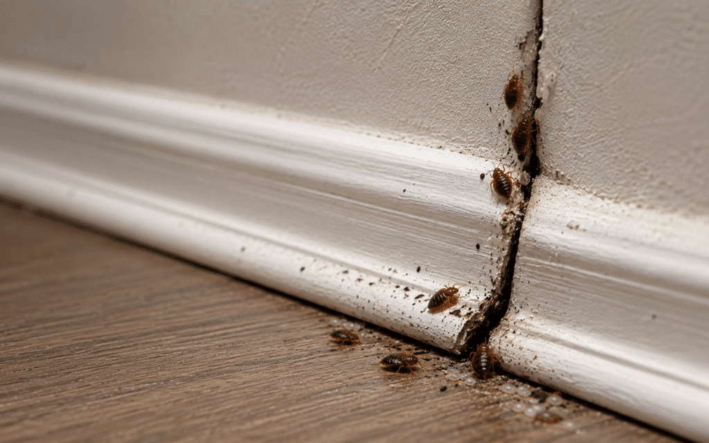 Bed bugs hiding along a skirting board in a bedroom