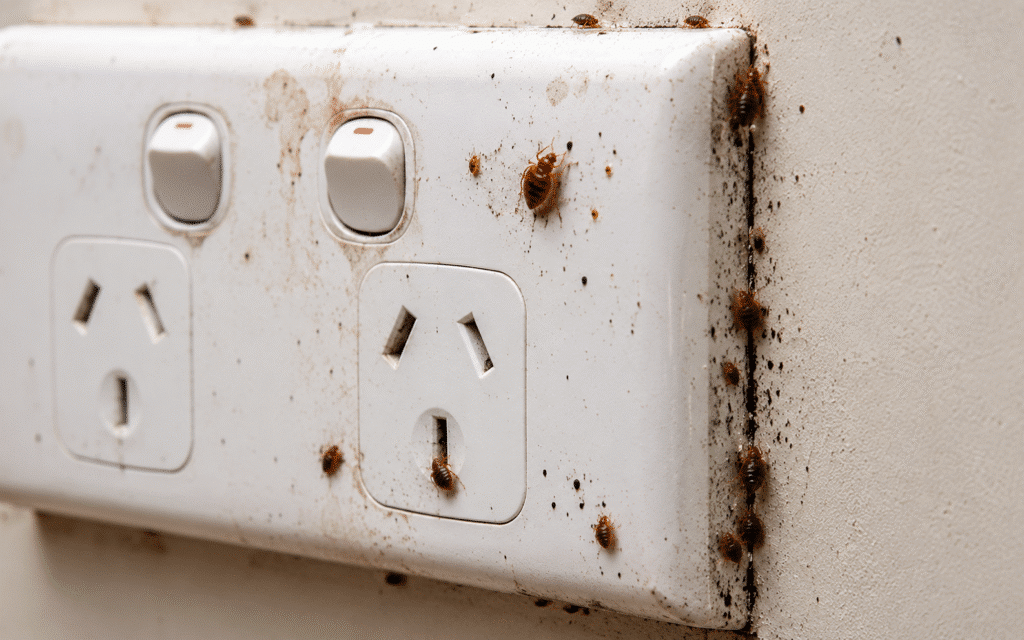 Bed bugs hiding around a power point beside a bed