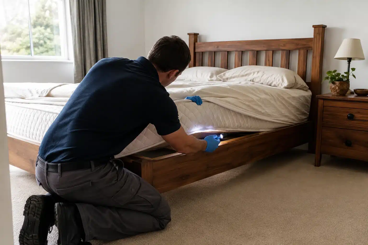 Pest control technician inspecting a hotel bed and mattress for bed bugs