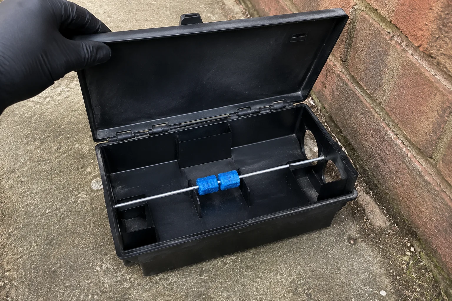 Illustration of a secured rodent bait station being checked