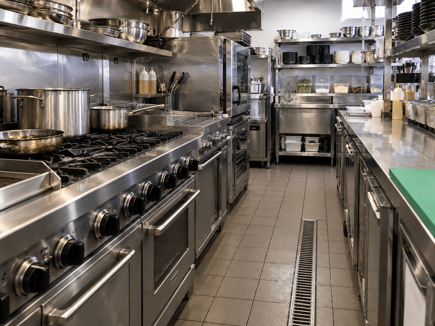 Stainless steel cooking line in a Sydney restaurant kitchen