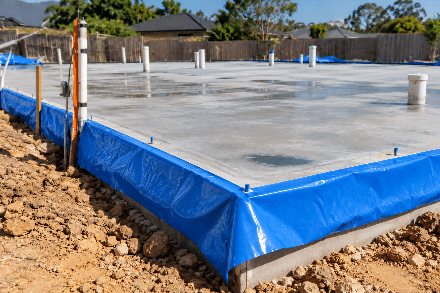 Blue termite barrier membrane wrapped around a concrete foundation on a Sydney building site