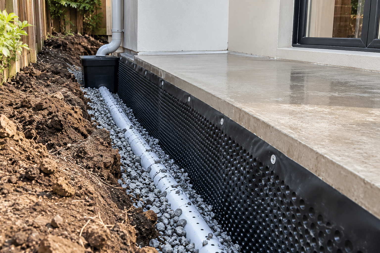 Foundation trench and prepared concrete slab area during the construction stage of termite barrier installation
