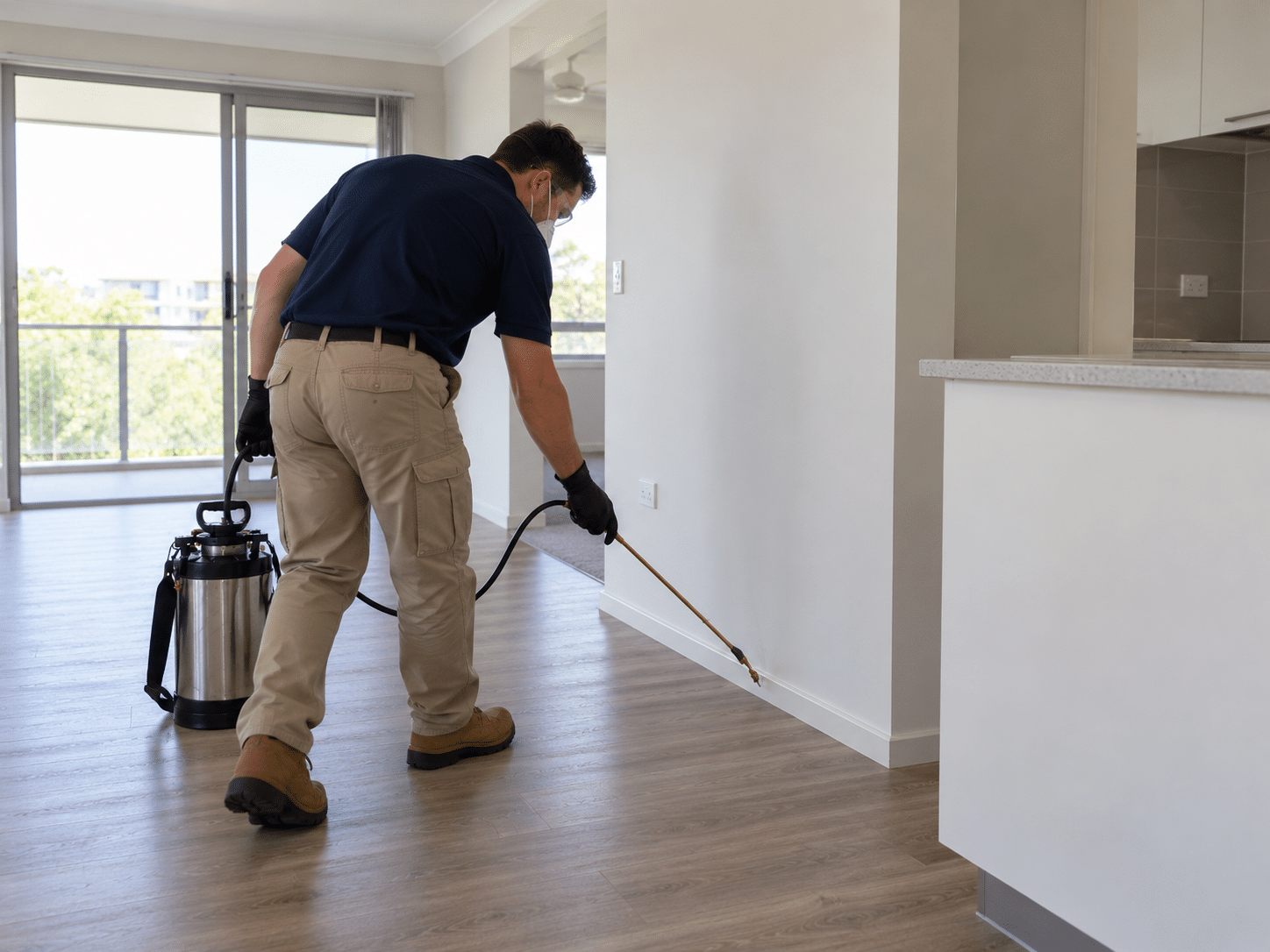 Pest control technician treating an empty Sydney rental apartment before handover